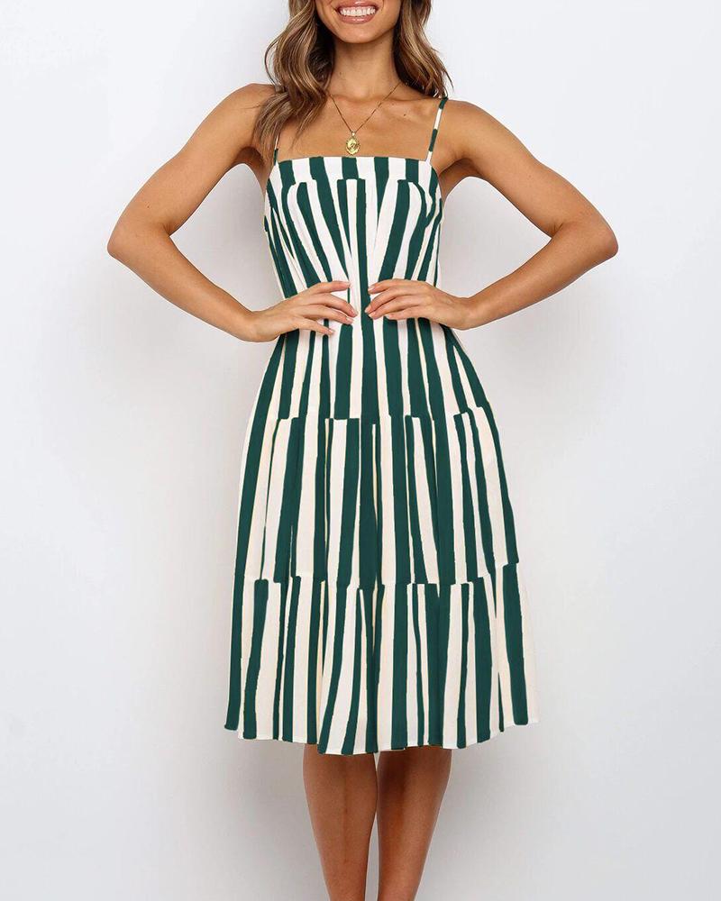 

Square Neck Striped Ruffle Dress, Green