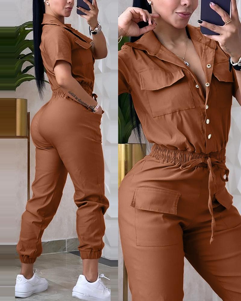 

Short Sleeve Pocket Design Cuffed Cargo Jumpsuit, Brown