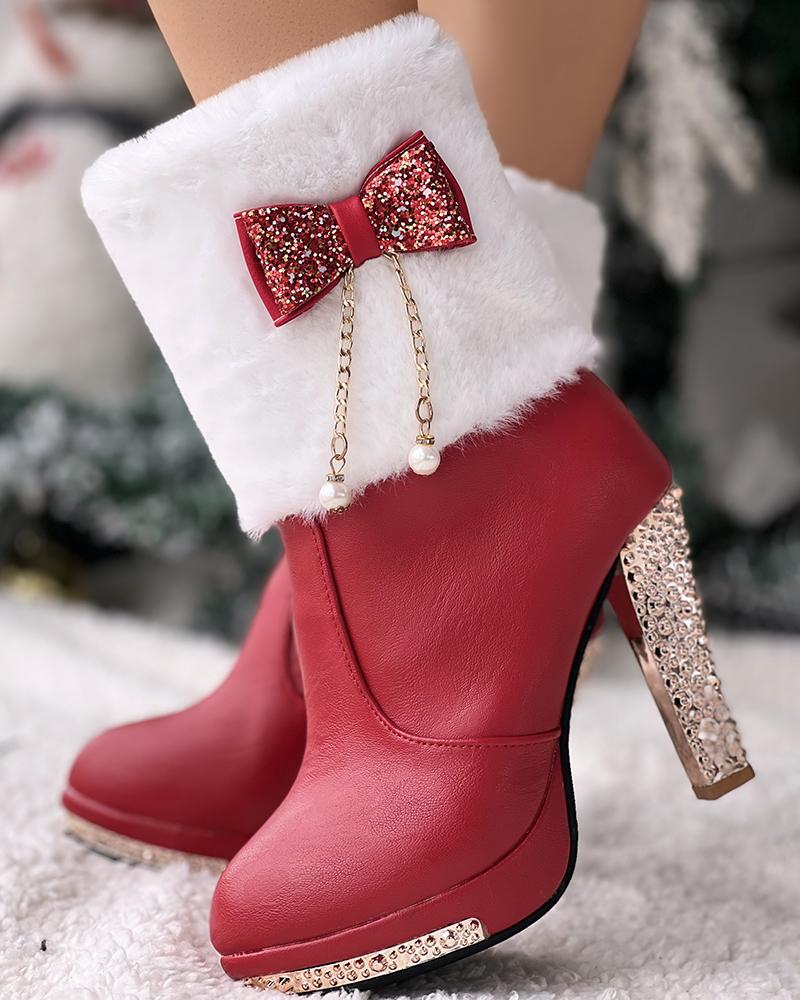 

Christmas Rhinestone Bowknot Decor Fuzzy Detail Lined Boots, Red