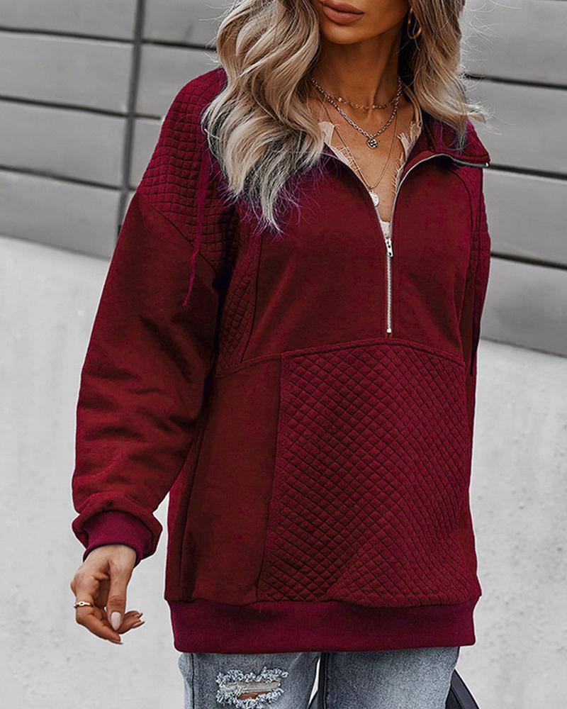 

High Neck Zipper Front Lantern Sleeve Sweatshirt, Wine red