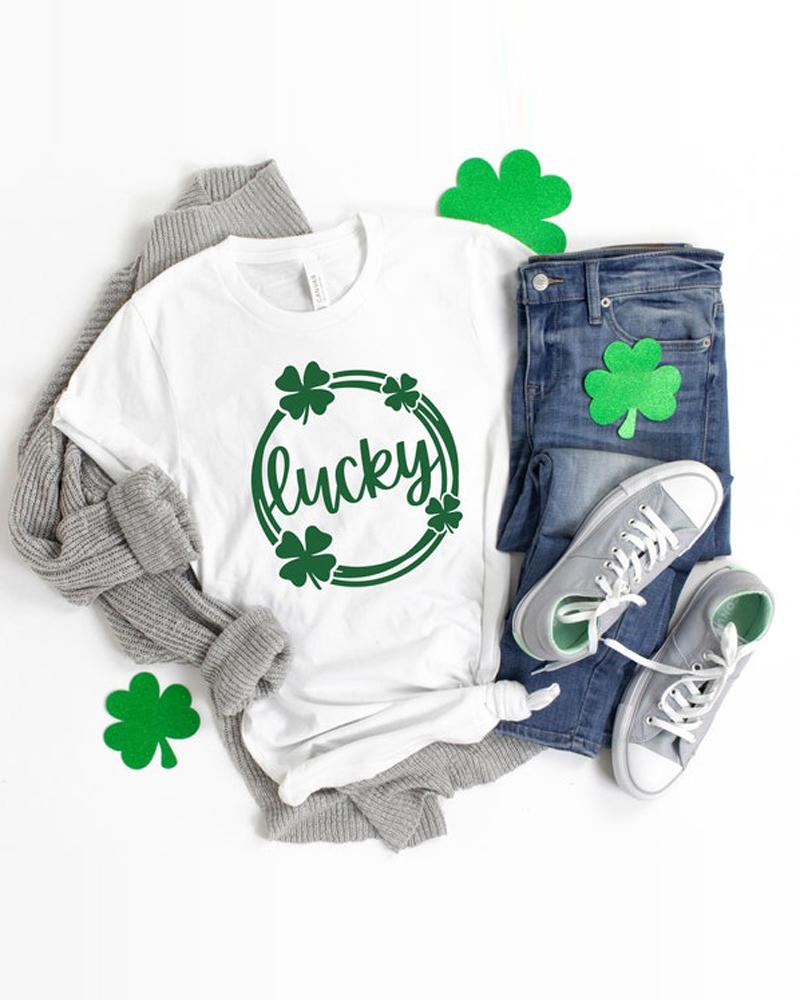 

St. Patrick' Day Letter Clover Print Casual T-shirt, White