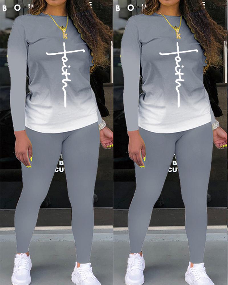 

Plus Size Letter Print Ombre Long Sleeve Top & Pants Set, Gray