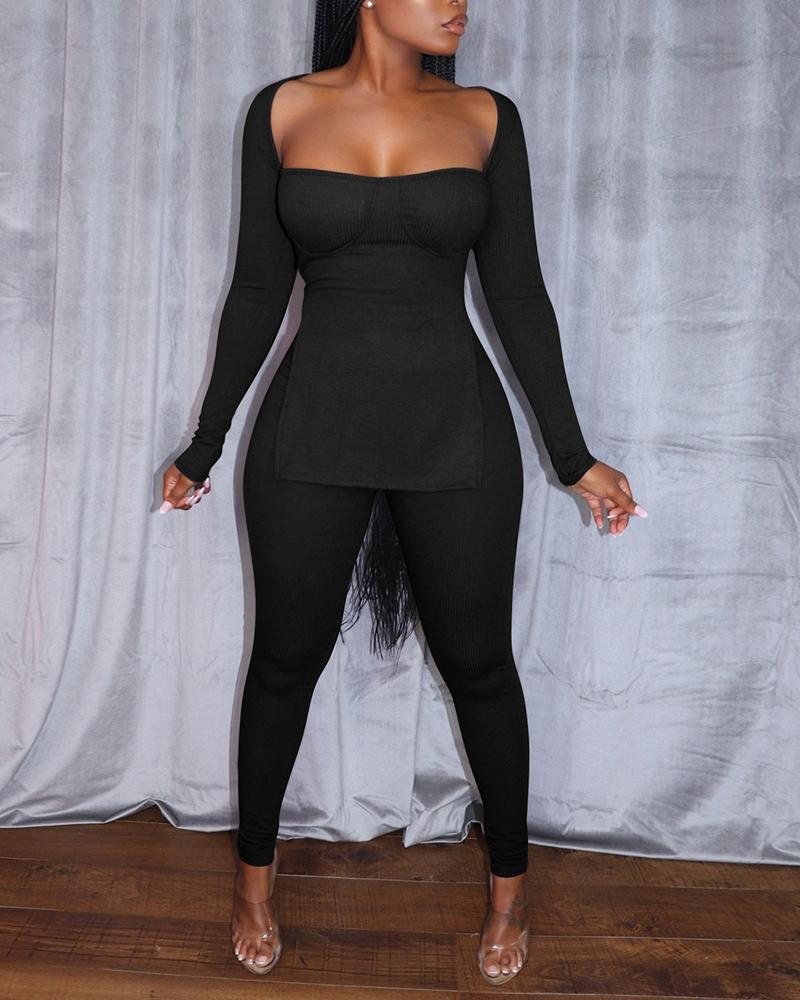 

Ribbed Split Hem Long Sleeve Top & Pants Set, Black