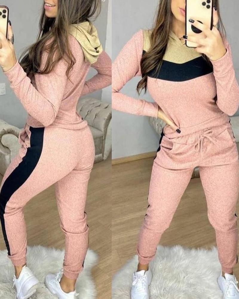 Colorblock Hooded Long Sleeve Tee & Drawstring Pocket Pants Set