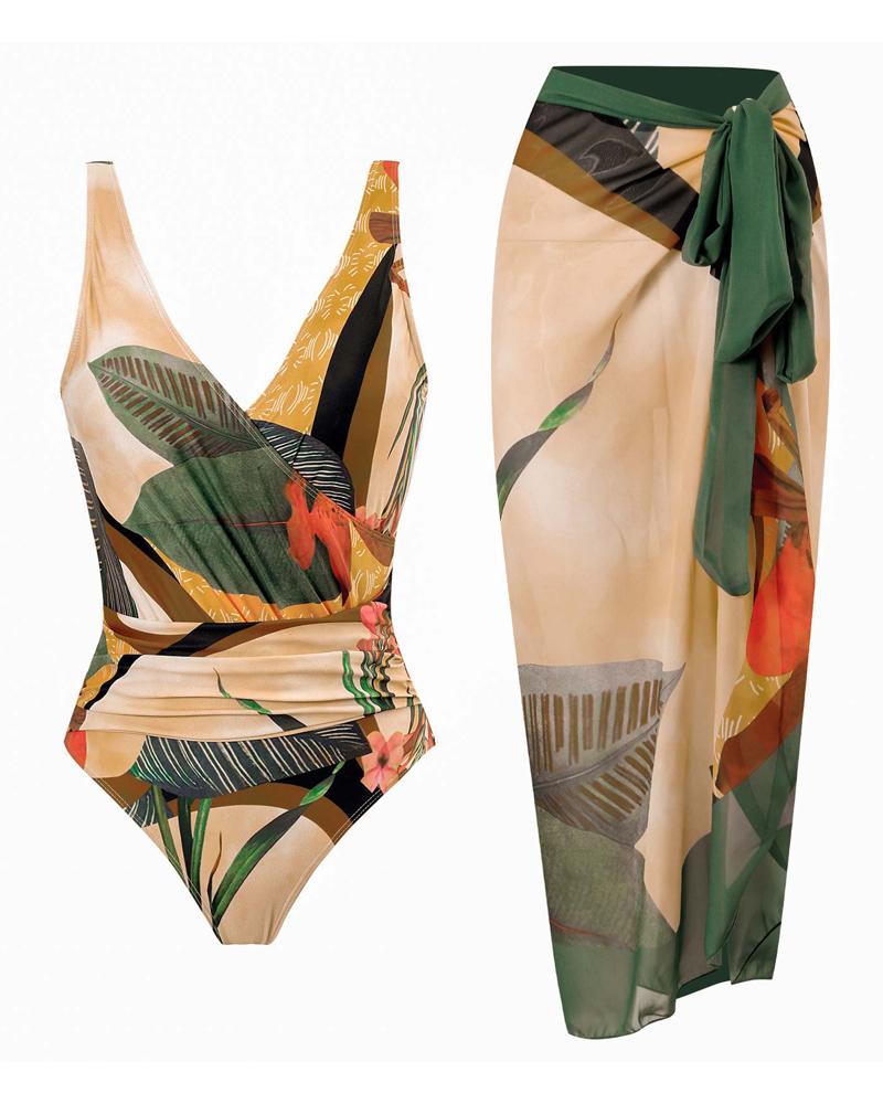 

Tropical Print Ruched One-Piece Swimsuit With Cover Up, Green