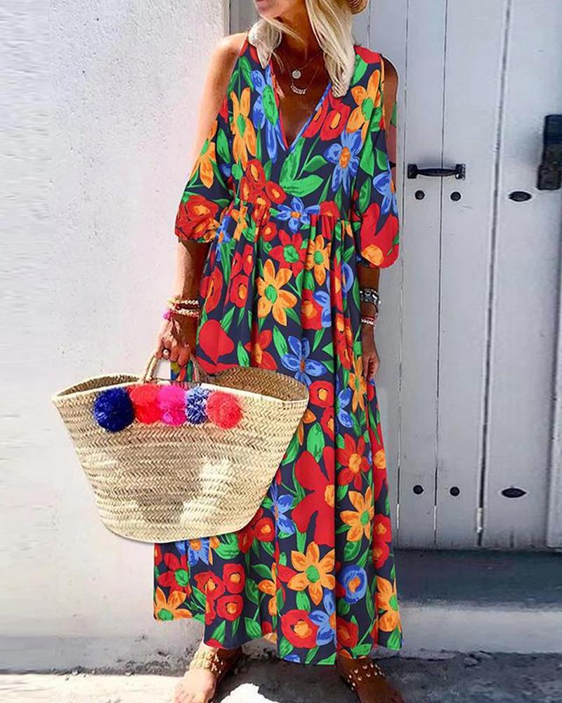

Floral Print Cold Shoulder Maxi Dress, Purplish blue