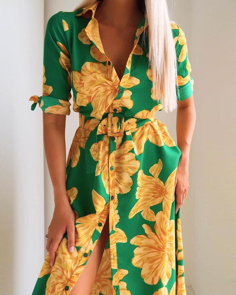 

Floral Print Button Design Shirt Dress With Belt, Green