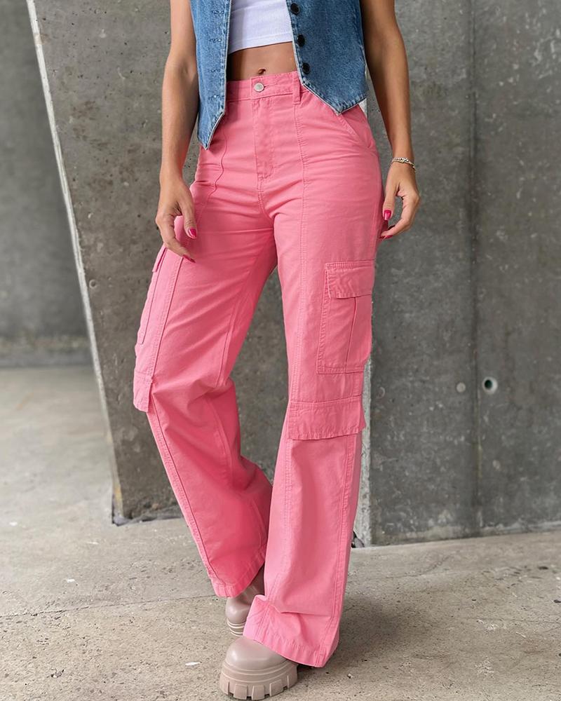 

Pocket Design Buttoned Cargo Pants, Pink