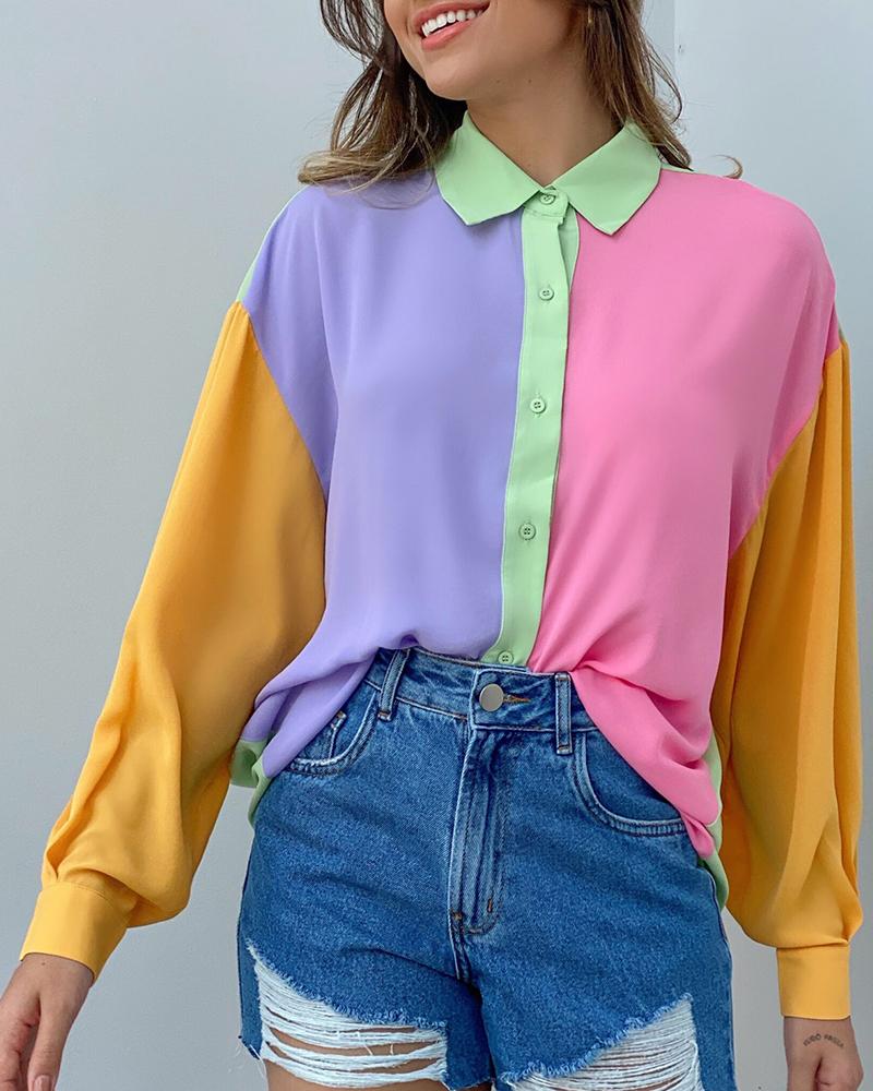 

Colorblock Button Front Long Sleeve Shirt, Multicolor