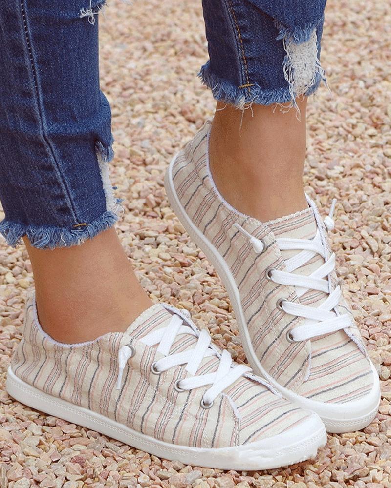 

Round-toe Striped Lace-up Slip-on, Apricot