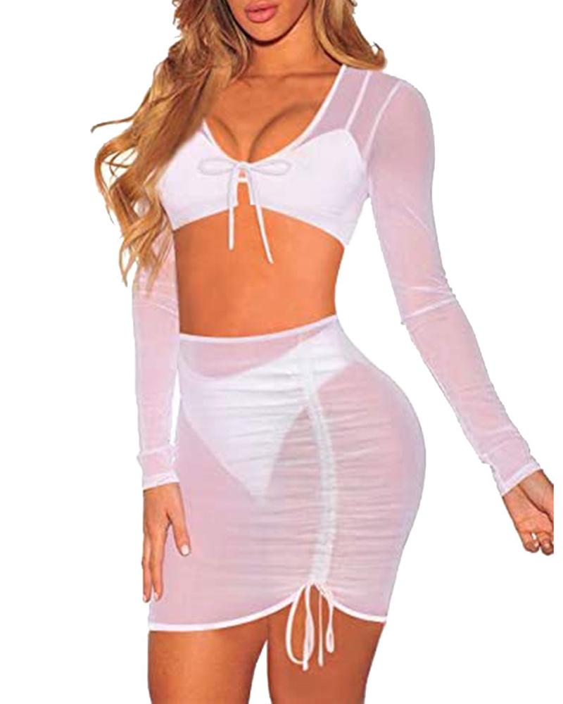 

Tied Detail Sheer Mesh Crop Top & Drawstring Skirt Set, White