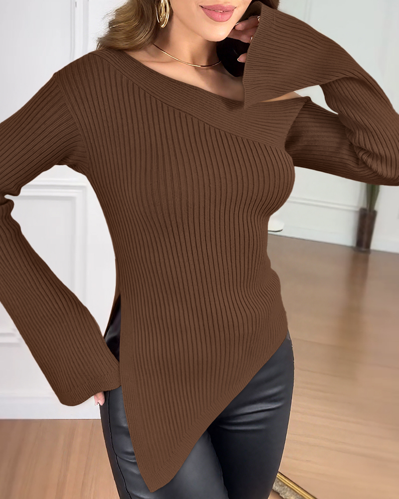 

Pull asymétrique à manches fendues et ourlet asymétrique, haut côtelé coupe slim, Dark brown