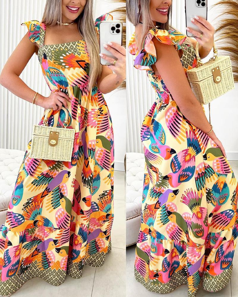 

Bird Print Square Neck Maxi Dress, Multicolor