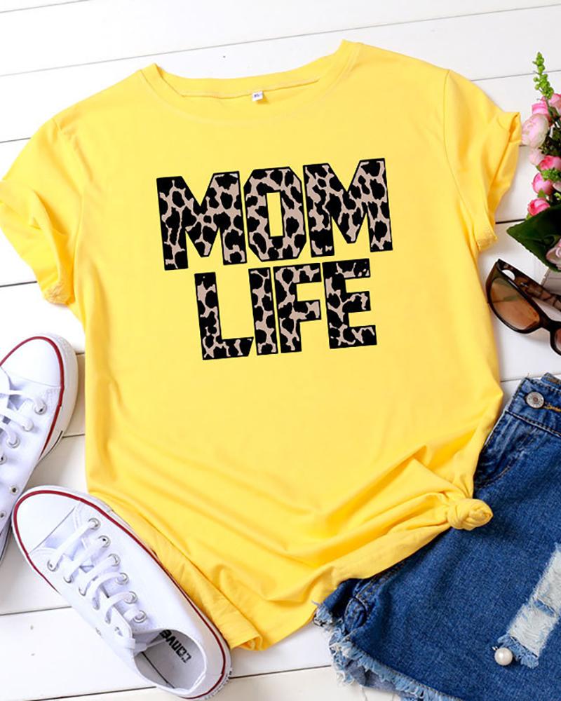 

Letter Cheetah Print Short Sleeve T-shirt, Yellow