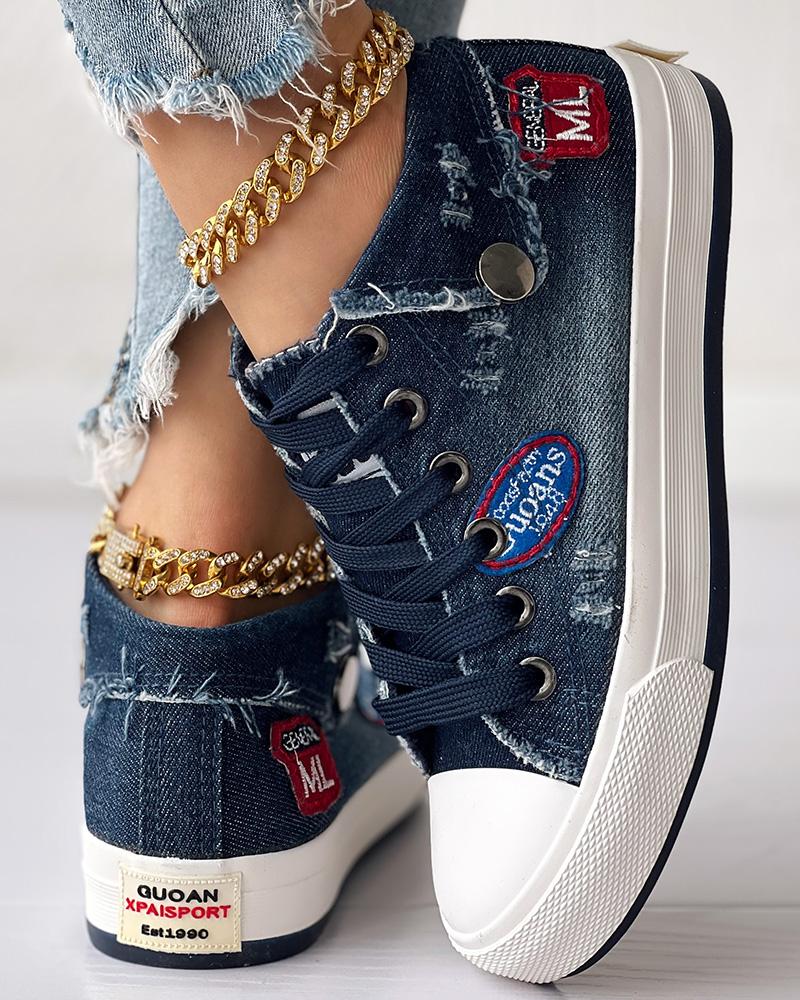 

Letter Pattern Ripped Lace-up Sneakers, Dark blue