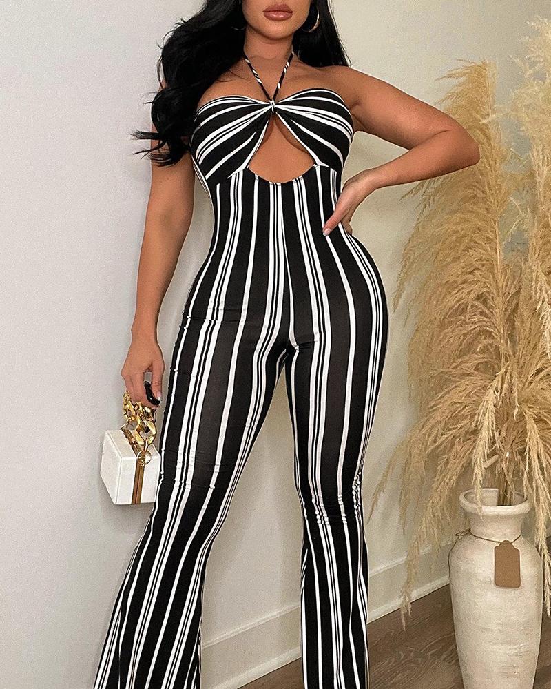 

Striped Halter Cutout Bootcut Jumpsuit, Black