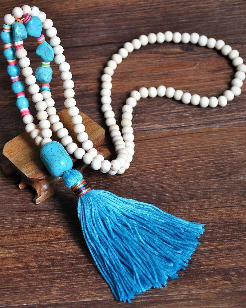 

1pc Bohemian Beaded Tassel Design Turquoise Pendant Necklace, Style7