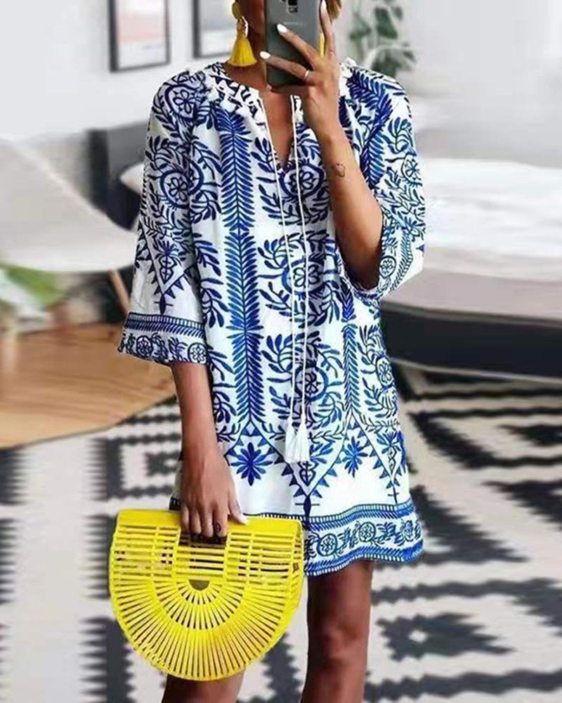 

Chinese Style Blue And White Porcelain Print Mid-calf Shirt-like Dress