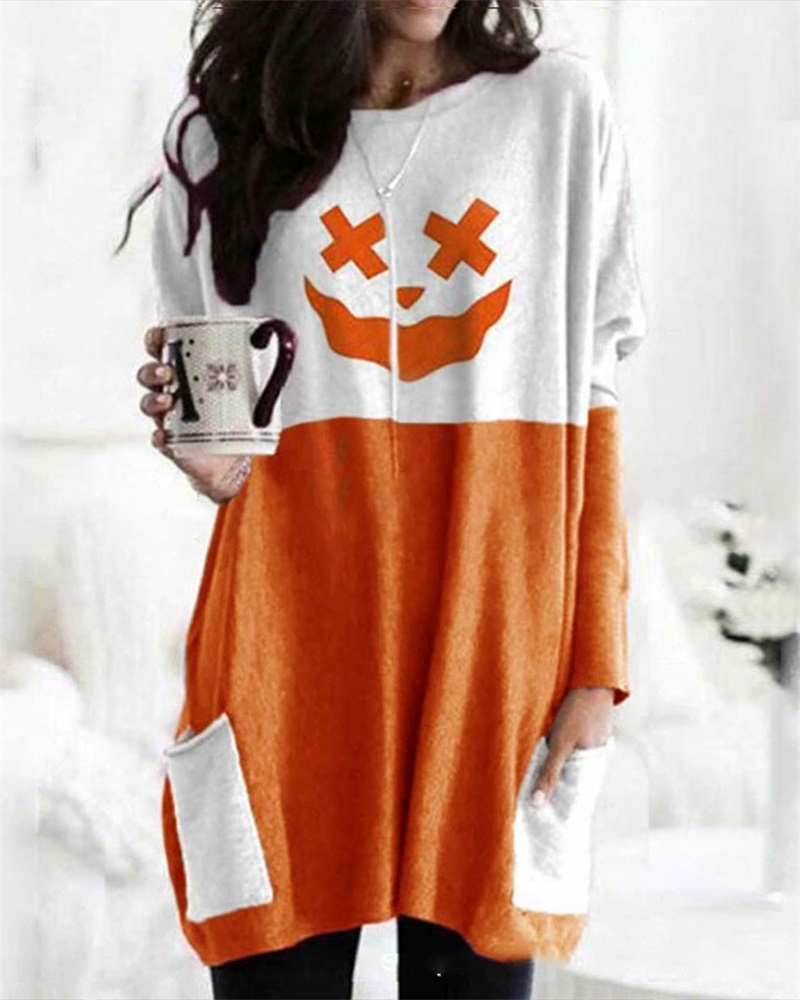 

Halloween Graphic Print Pocket Detail Long Sleeve Dress, Orange