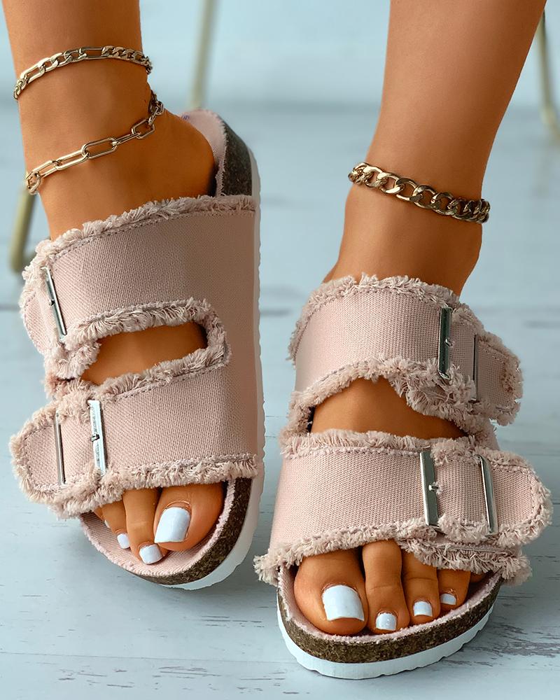 

Fringe Hem Buckled Open Toe Knit Slippers, Pink