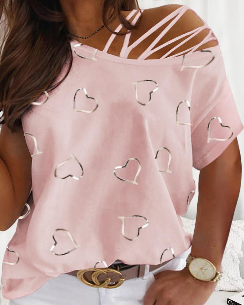 

Plus Size Heart Print Cold Shoulder Top, Pink