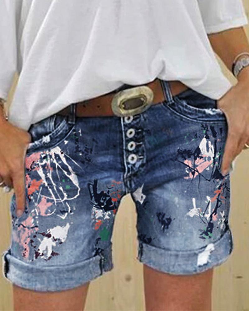 

Graphic Print Button Fly Denim Shorts, Blue
