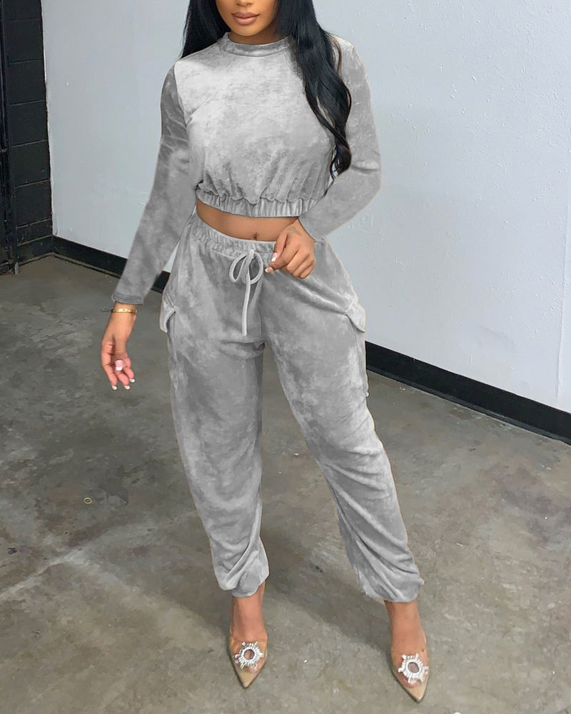 

Velvet Crop Top & Flap Pocket Drawstring Pants Set, Silver