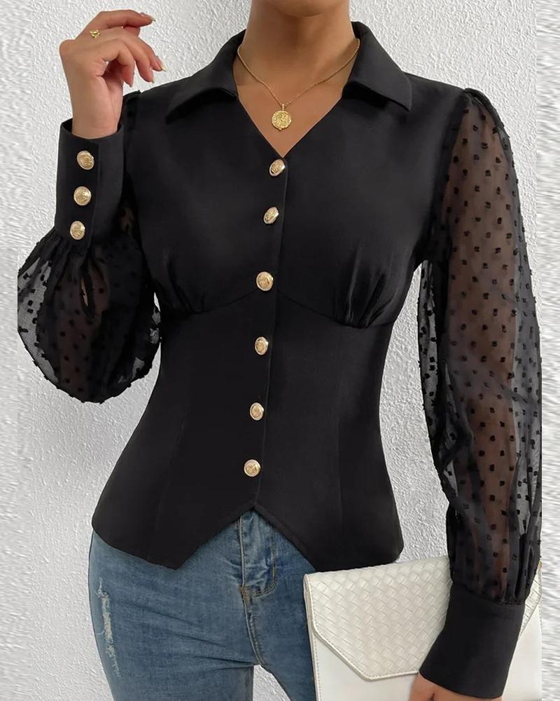 

Contrast Mesh Long Sleeve Button Down Shirt, Black