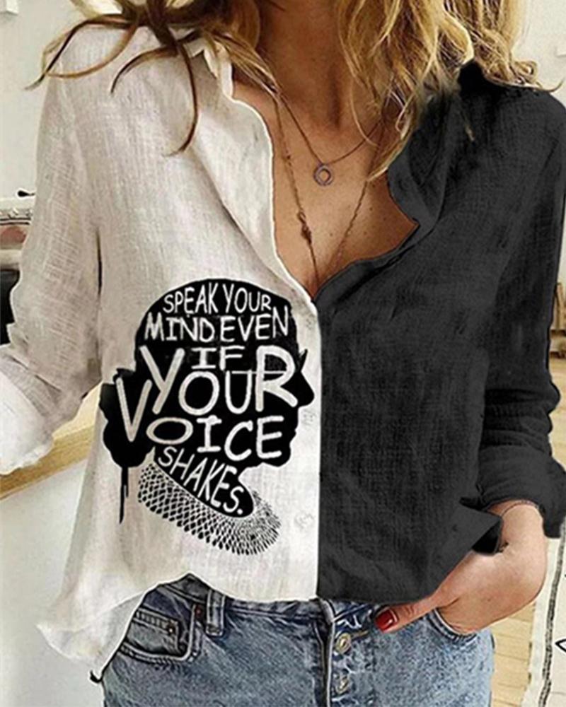 

Colorblock Long Sleeve Figure Print Button-up Blouse, Black