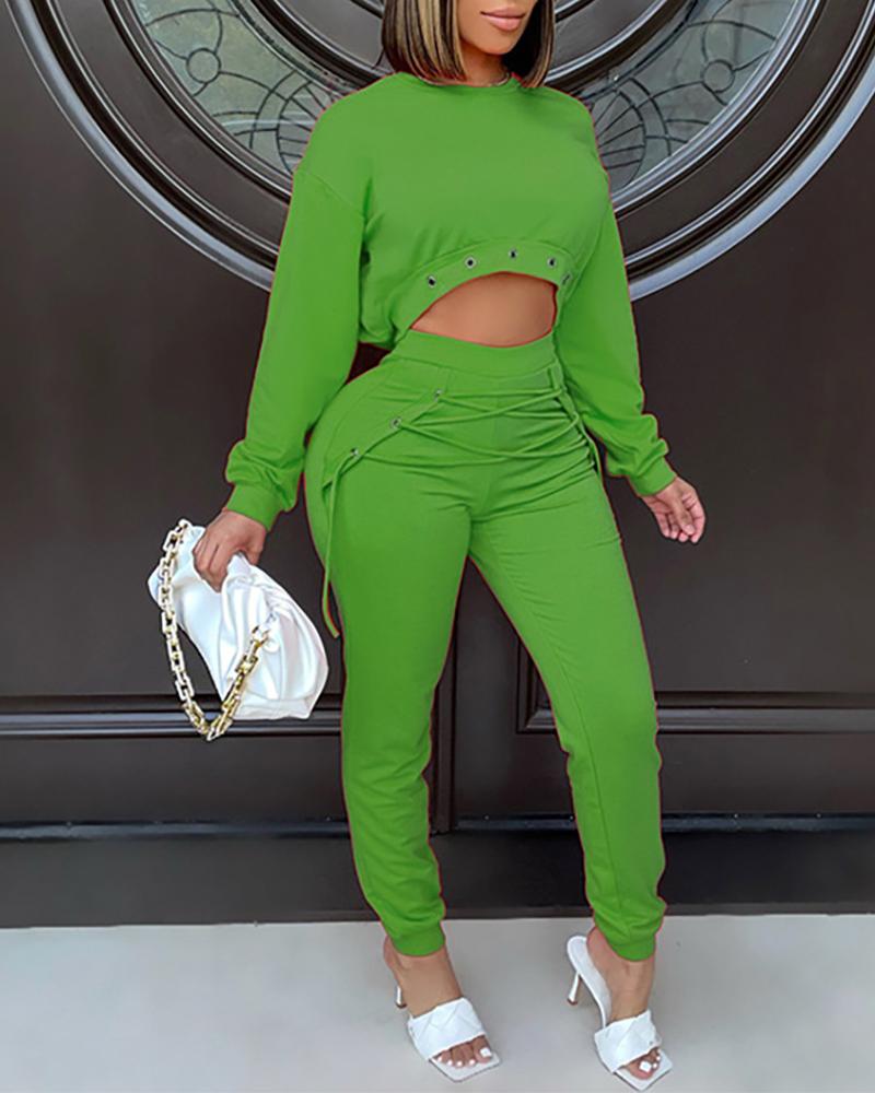 

Eyelet Crop Top & Lace-up Pants Set, Green