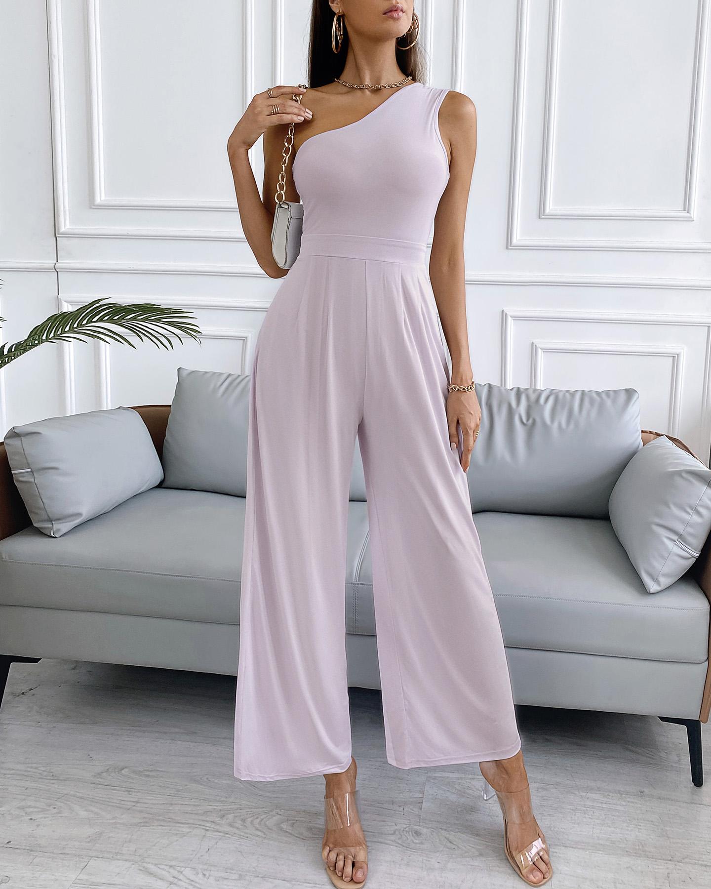 

One Shoulder Sleeveless Wide Leg Jumpsuit, Light purple