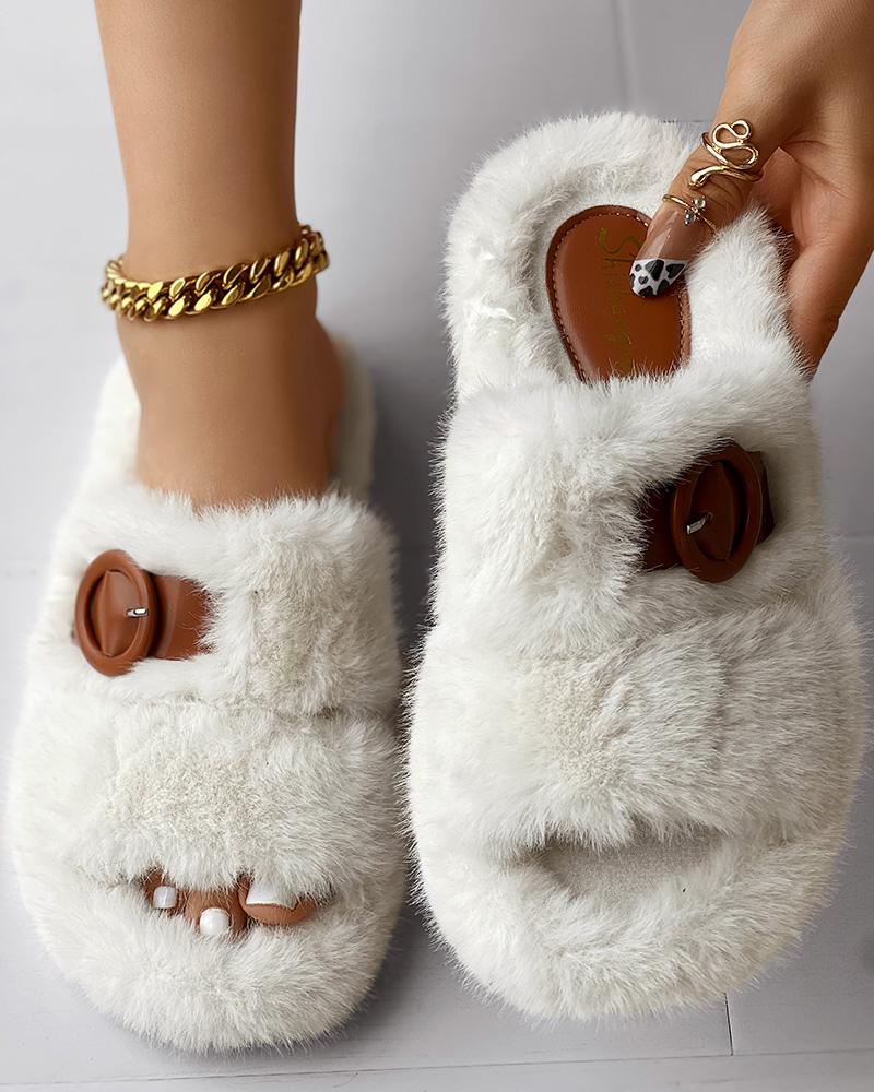 

Buckled Fluffy Soft Winter Slippers, Beige