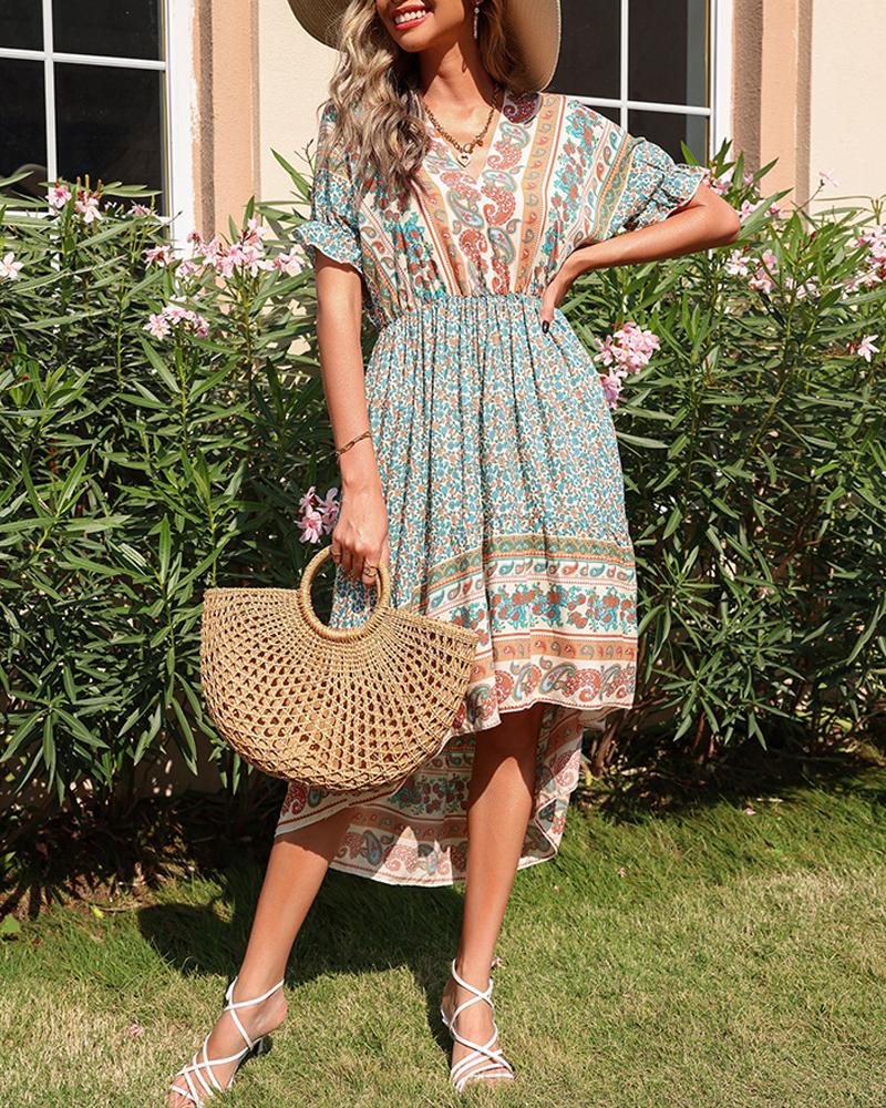 

High Low Hem Retro Paisley Print Dress, Green