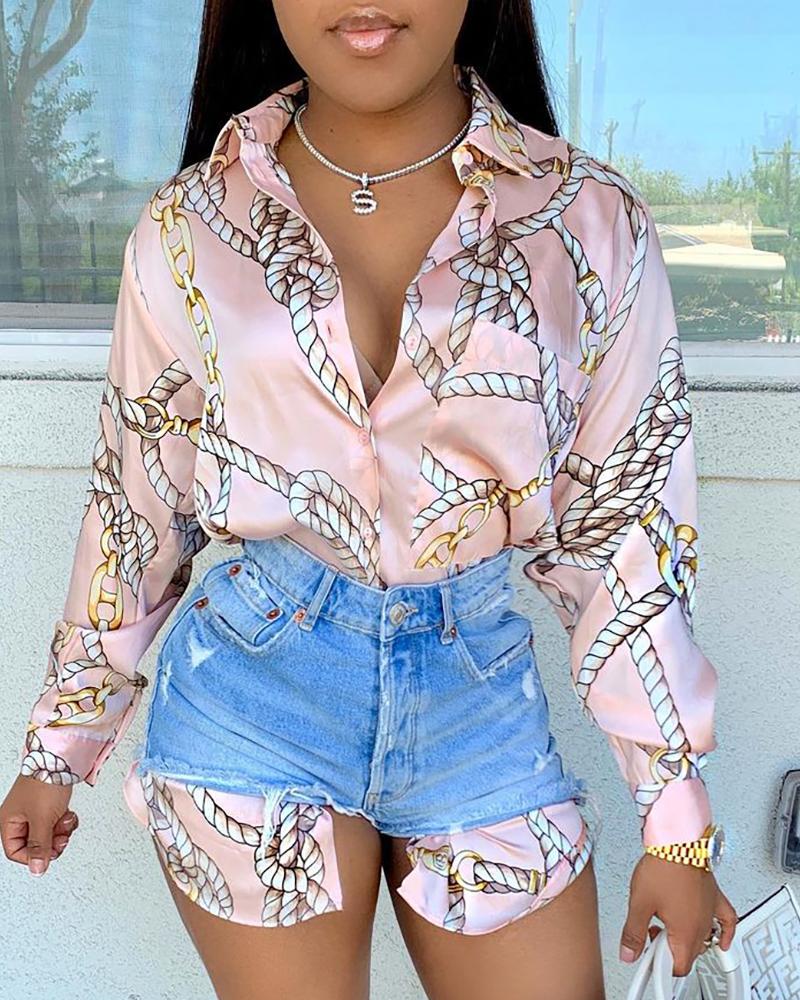 

Scarf Chain Print Satin Buttoned Shirt, Pink