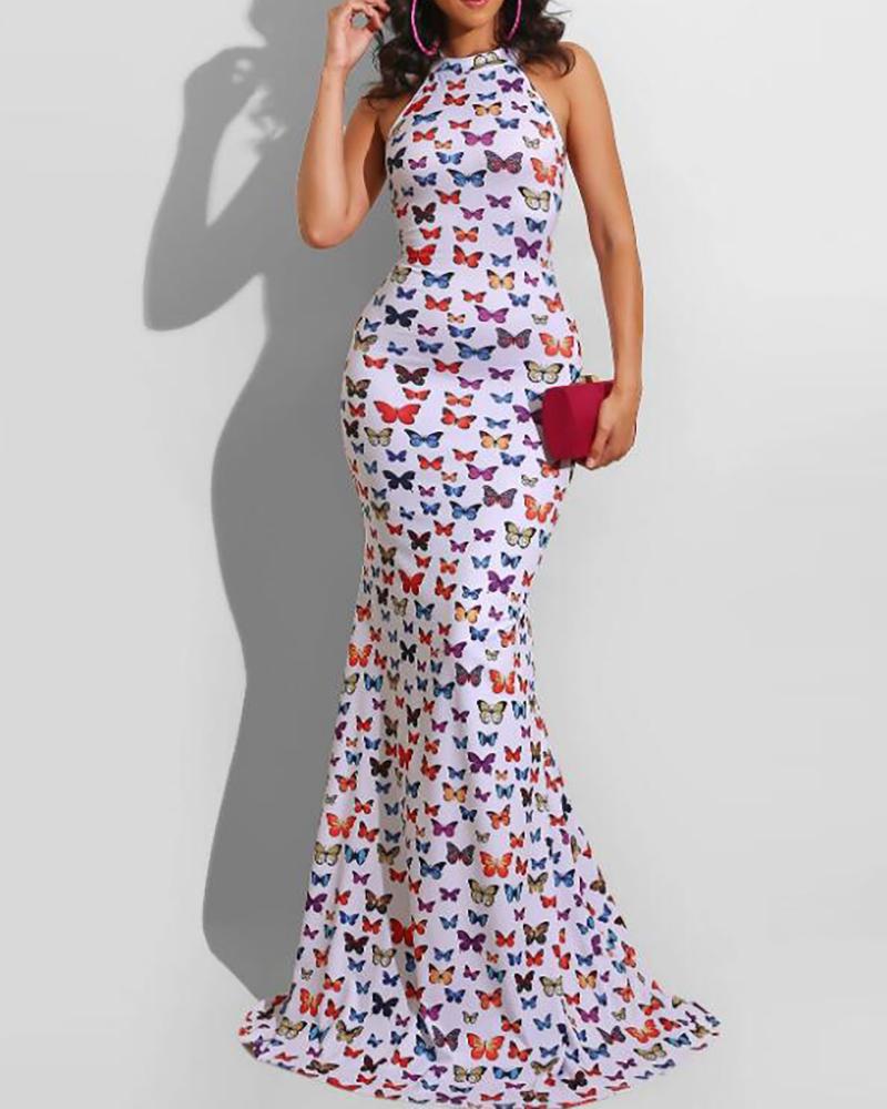 

O Neck Butterfly Print Prom Maxi Dress, White