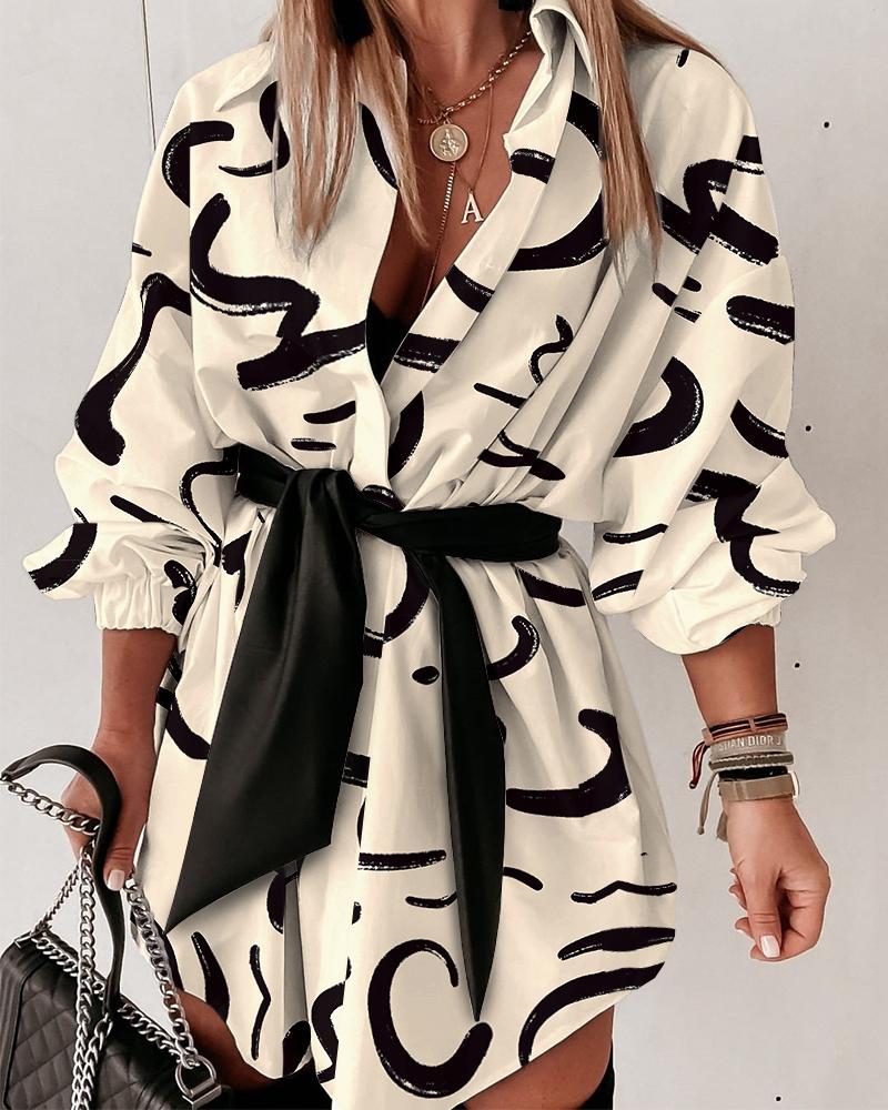 

Abstract Print Lantern Sleeve Belted Shirt Dress, Apricot