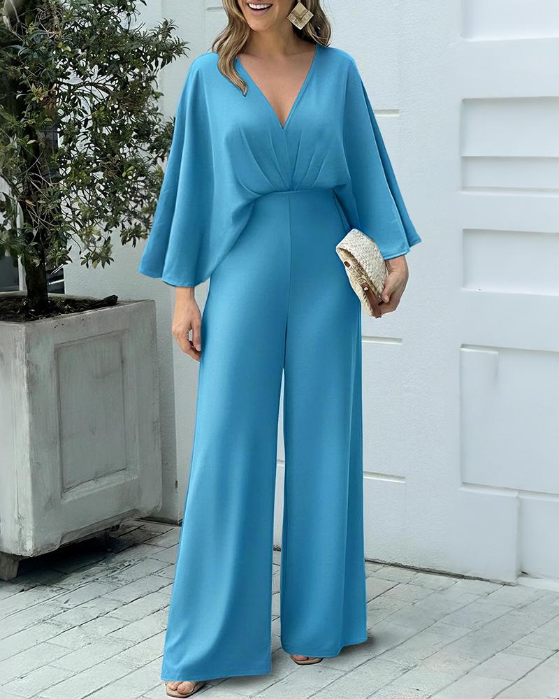 

Mono informal de pierna ancha con escote en V pronunciado y mangas de murciélago fruncidas, Turquoise blue