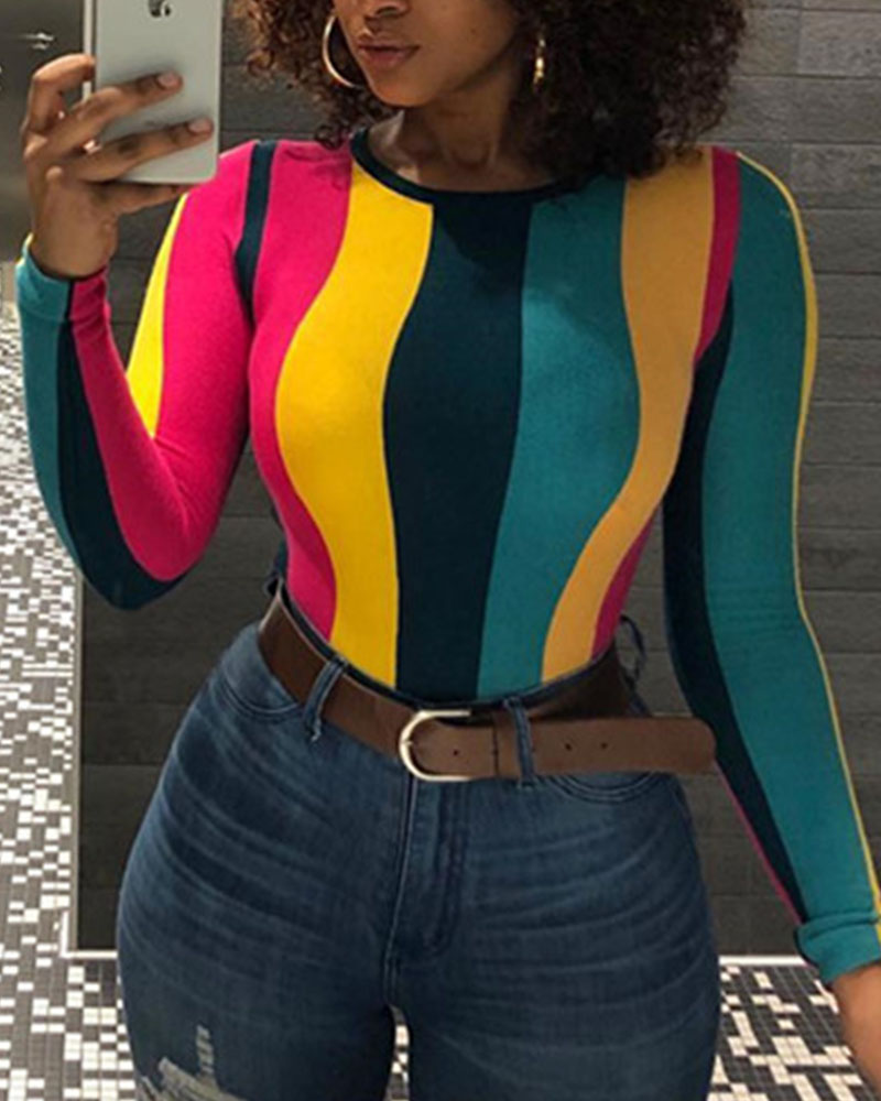 

Plus Size Colorblock Striped Long Sleeve Top, Multicolor