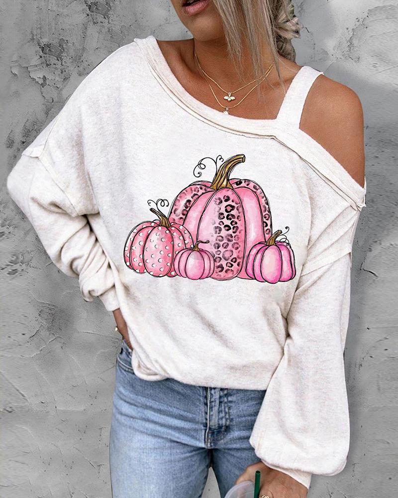 

Halloween Pumpkin Print Cold Shoulder Top, White