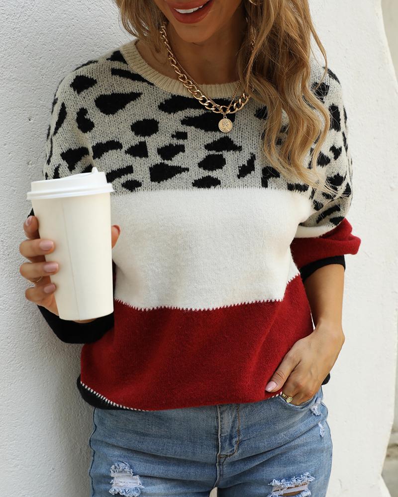 

Round Neck Colorblock Cheetah Print Knit Sweater, Red