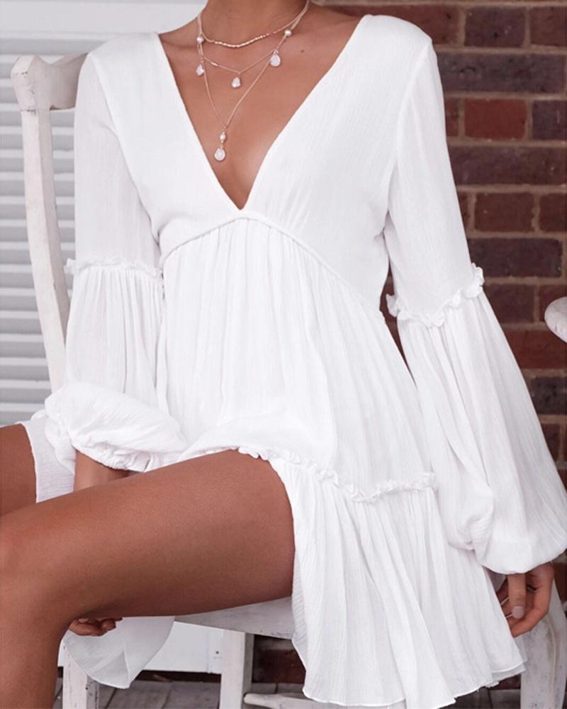 

Lantern Sleeve Ruffle Hem Backless Swing Dress, White
