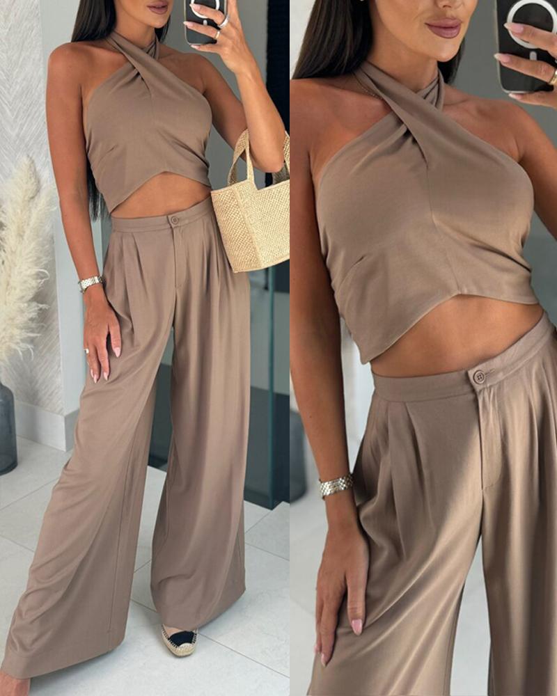 

Halter Tied Detail Crop Top & High Waist Pants set, Khaki