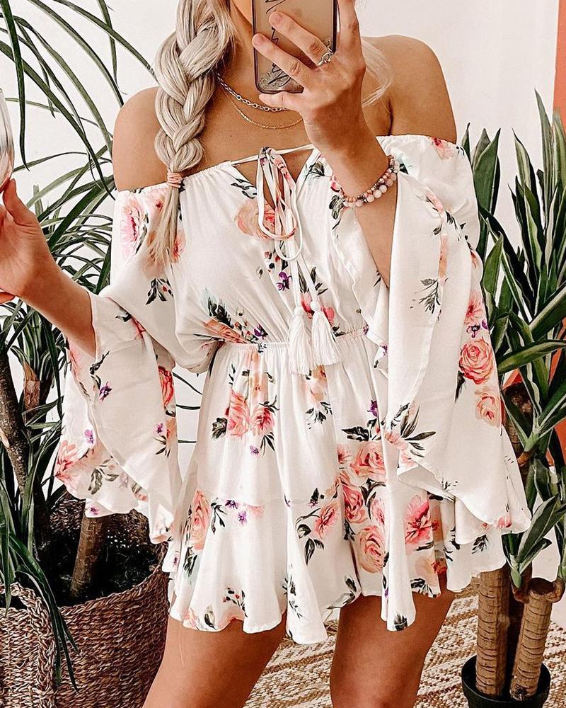 

Off Shoulder Floral Print Bell Sleeve Dress, White