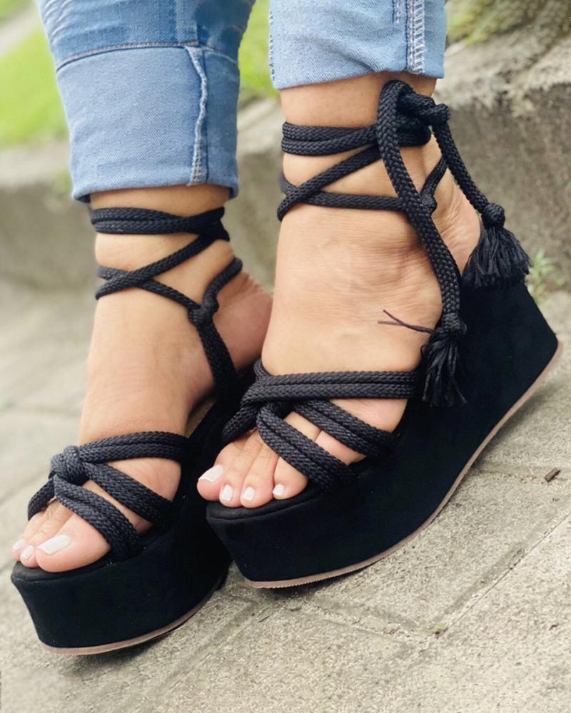 

Knotted Crisscross Slingback Wedge Sandals, Black