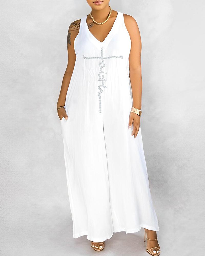 

Rhinestone Faith Pattern Wide Leg Jumpsuit, White