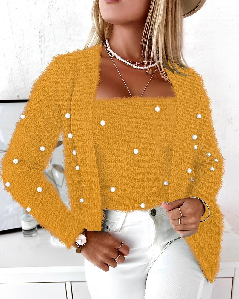 

Fuzzy Beaded Tank Top With Long Sleeve Coat, Yellow