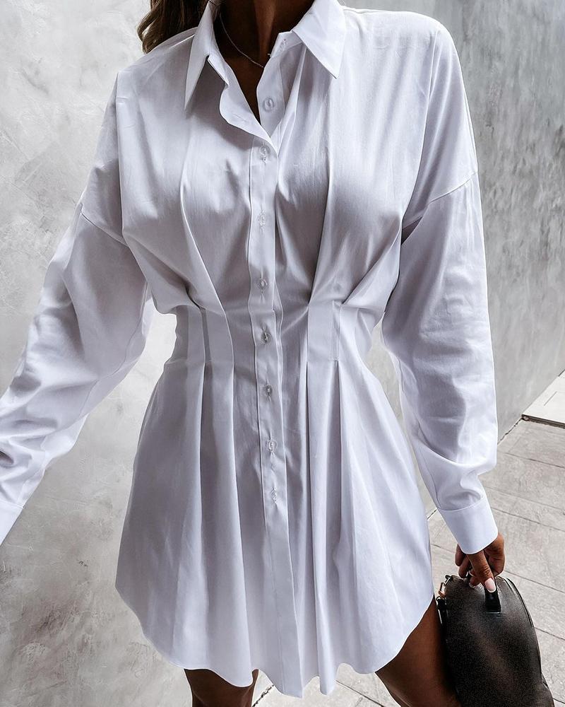 

Plain / Striped Print Button Front Ruched Shirt Dress, White
