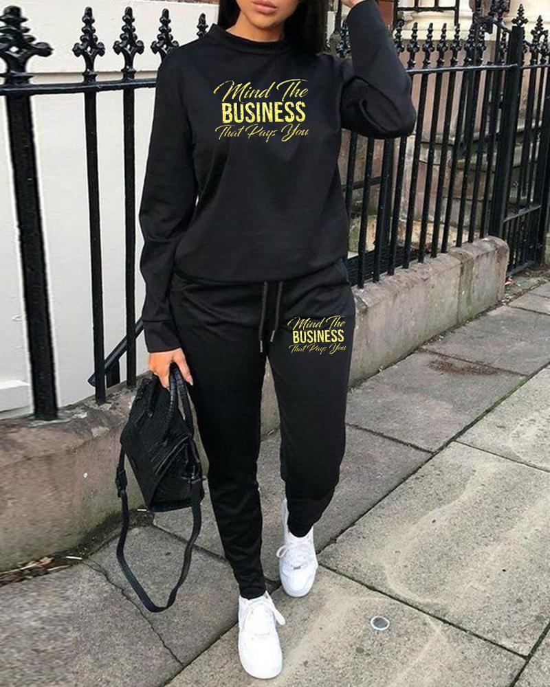 

Letter Print Long Sleeve Top & Drawstring Pants Set, Black