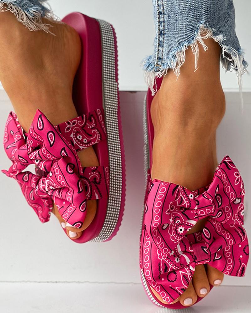 

Paisley Print Bowknot Decor Platform Slippers, Hot pink