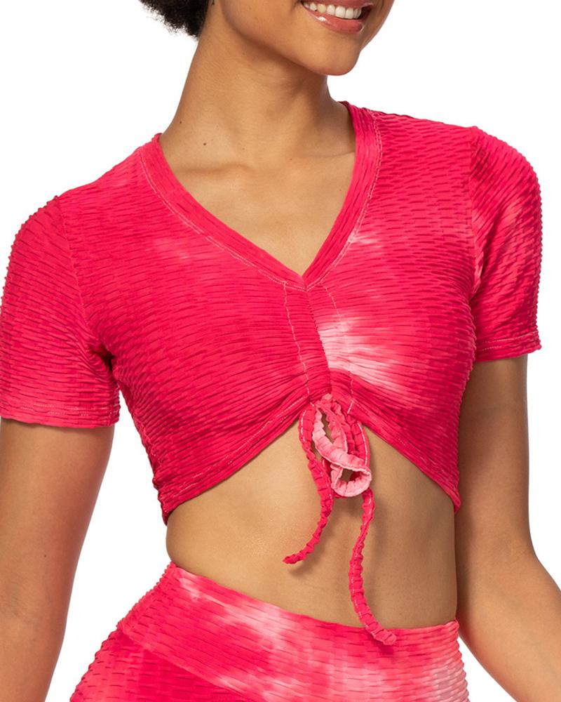 

Tie Dye Print Sports T-shirt Textured Drawstring Ruched Yoga Crop Tops, Red
